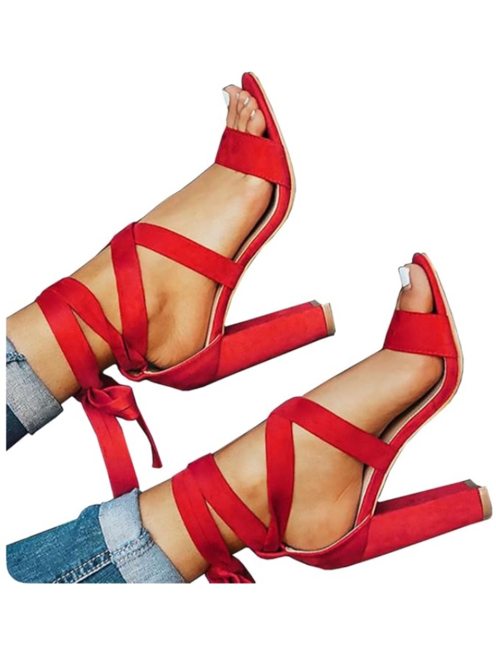 Dressy Lace Up Microsuede High Block Heeled Sandal, Red 7 Like New!